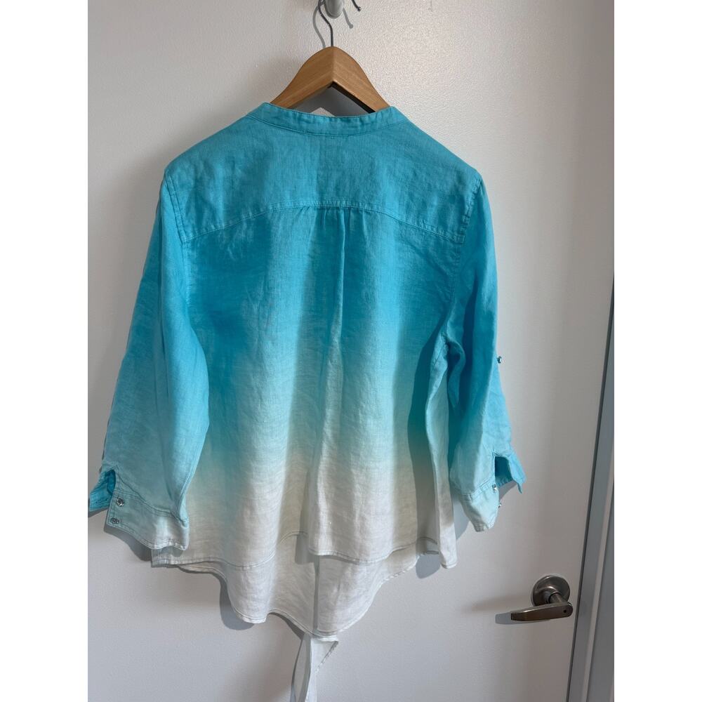 INC Linen Tie-Dye Ombre Button Down v neck Shirt roll tab Crystal button Sz-16 - Picture 3 of 8